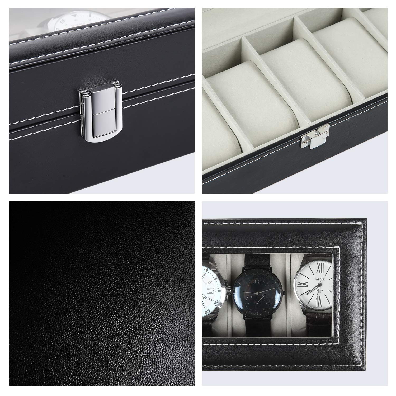 Ohuhu Watch Box Organizer for Men, Watch Case 6 Slot PU Leather Watch Holder Real Glass Lid Jewelry Organizer Storage Soft velvet Watch Display Case for Men and Women Perfect Birthday Gifts