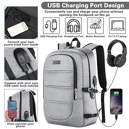 AMBOR Travel Laptop Backpack,17.3 inch Anti Theft Business Laptop Backpack with USB Charging Port and Headphone Interface, Backpack for Men & Women, Grey