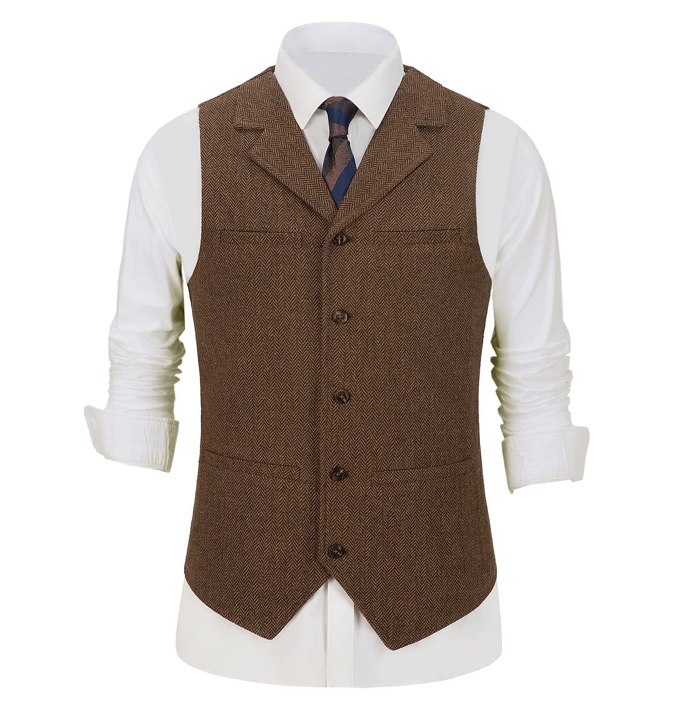 BYLUNTA Hunting Aged Mens Tweed Waistcoats Herringbone Vests Wedding Retro Casual Wool Business XS-3XL