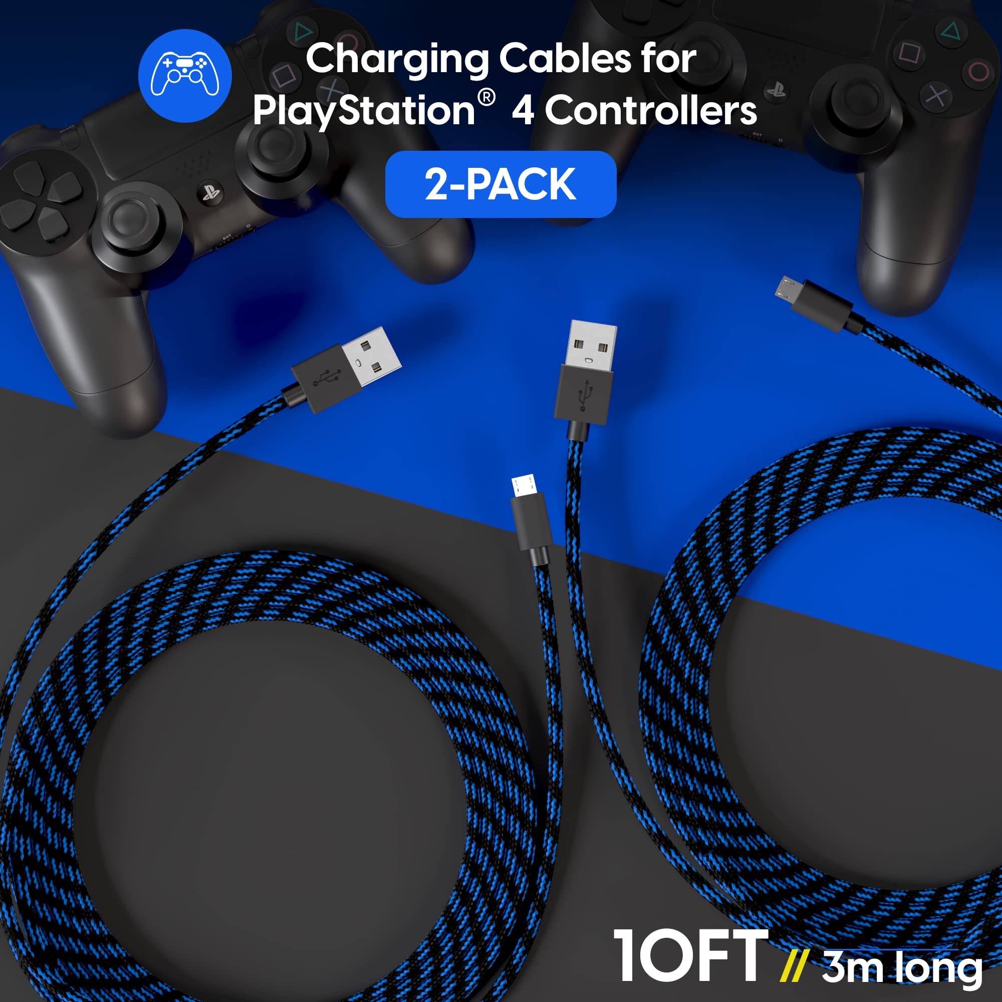 TALK WORKS Long Controller Charging Cable for Playstation 4-10-Foot Long Braided Micro USB Cord Charger Cord for PS4 Controller - Blue-Black, 2 Pack