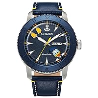 Citizen Eco-Drive Men's Disney Donald Duck Watch, Blue IP Stainless Steel on Blue Leather Strap, 3-Hand Day Date, Luminous, 44mm (Model: AW0075-06W)