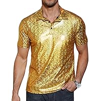 TURETRENDY Men's 70s Disco Shirts Shiny Sequins Short Sleeve Party Polo Shirt Hipster Nightclub Prom Costume T-Shirt
