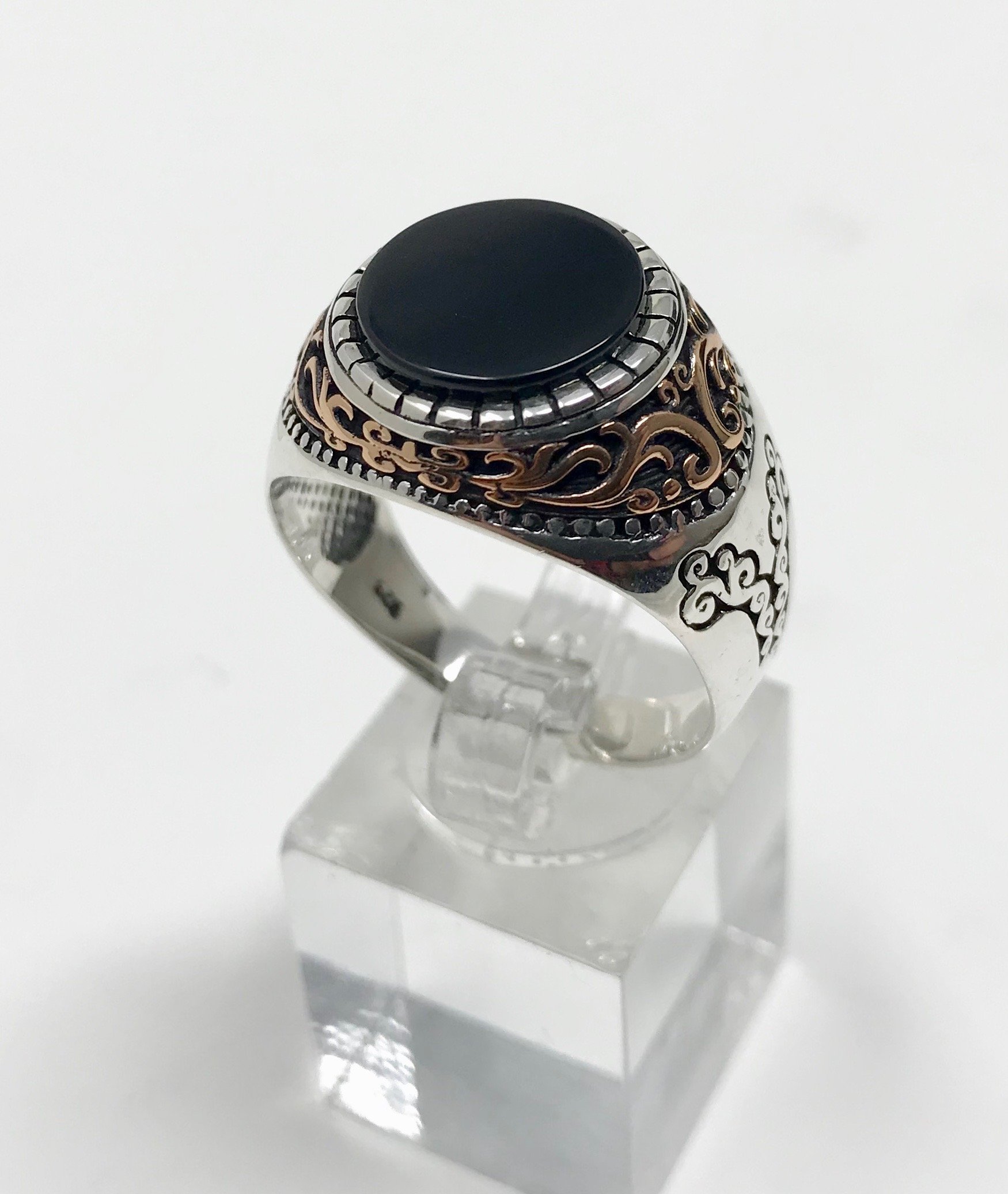 KAR 925K Stamped Sterling Silver Filigree Black Onyx Men's Ring K4B