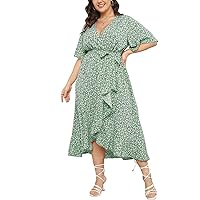 Women's Plus Size Maxi Dress Summer Floral Wrap V Neck Short Sleeve High Low Split Long Dress