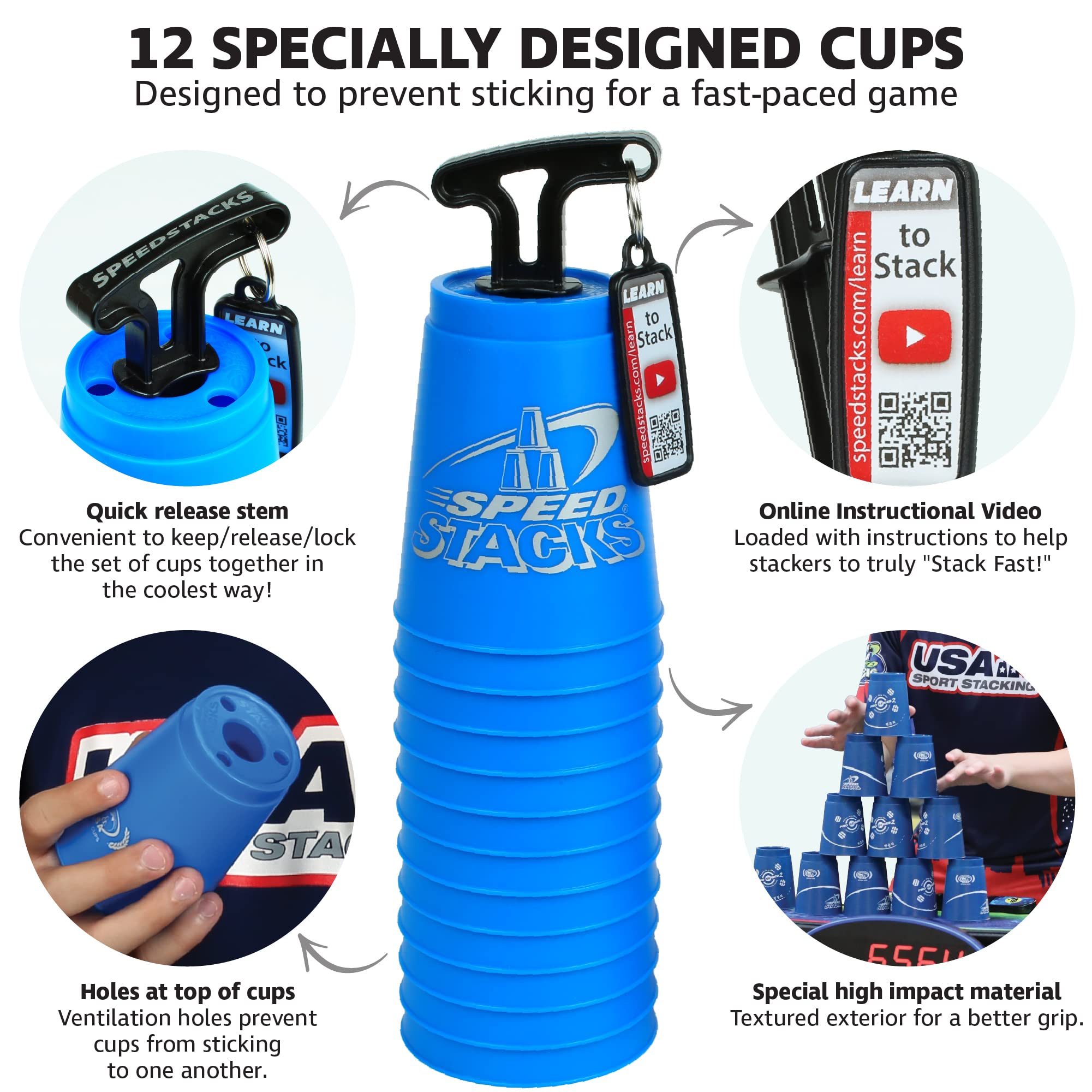 Speed Stacks | Official Sport Stacking Set, Blue - 12 Cups and Holding stem | Top Grade Materials, Low Friction | WSSA Approved