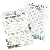 DISTINCTIVS Little Adventurer Baby Shower Party Games - Who Knows Mommy Best and Word Search (2 Activity Game Bundle) - Set of 20 Player Cards