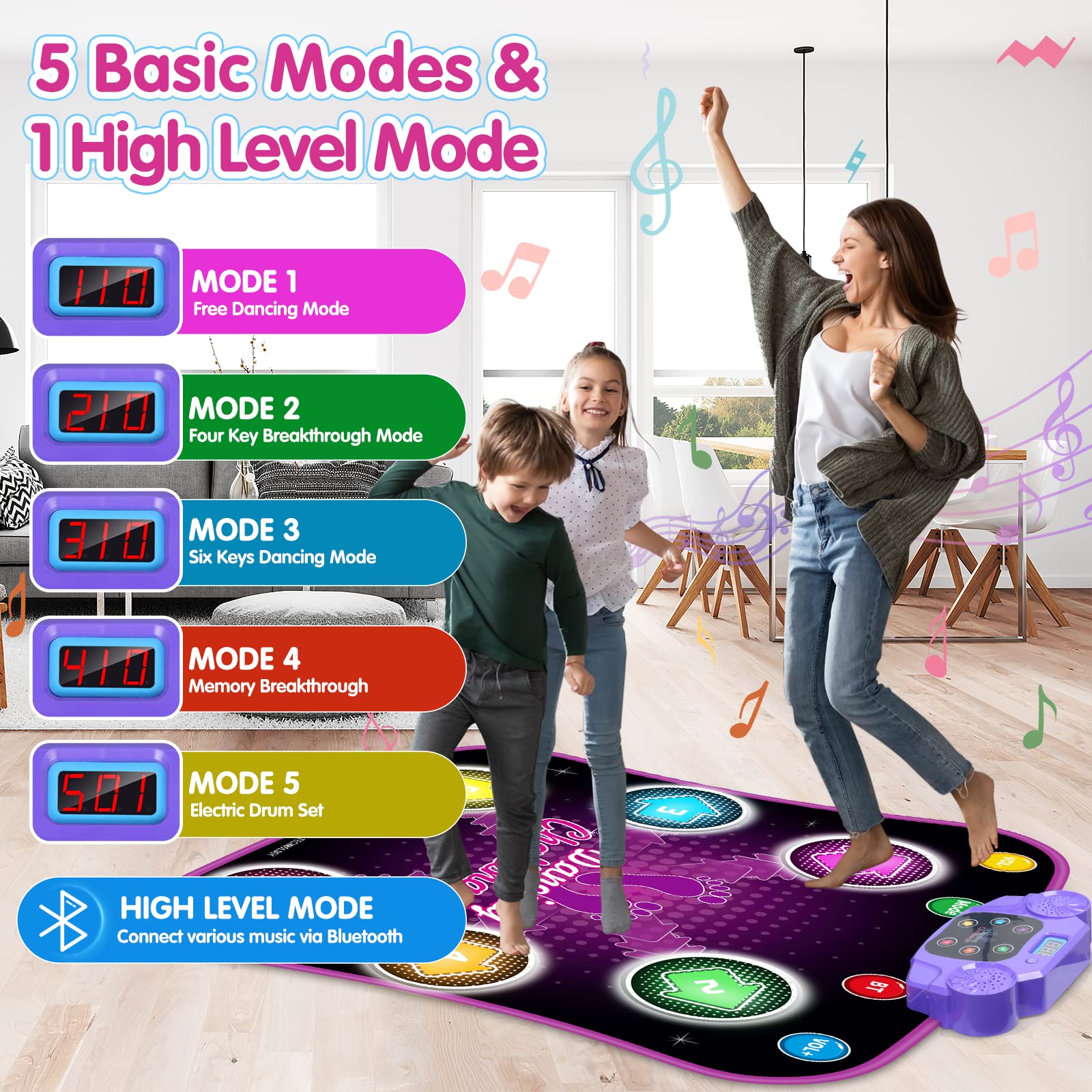Dance Mat, Electronic Music Dance Pad with LED Lights & Wireless Bluetooth, 5 Game Modes, Birthday Gifts, Toys for Girl 4-8, 8-12