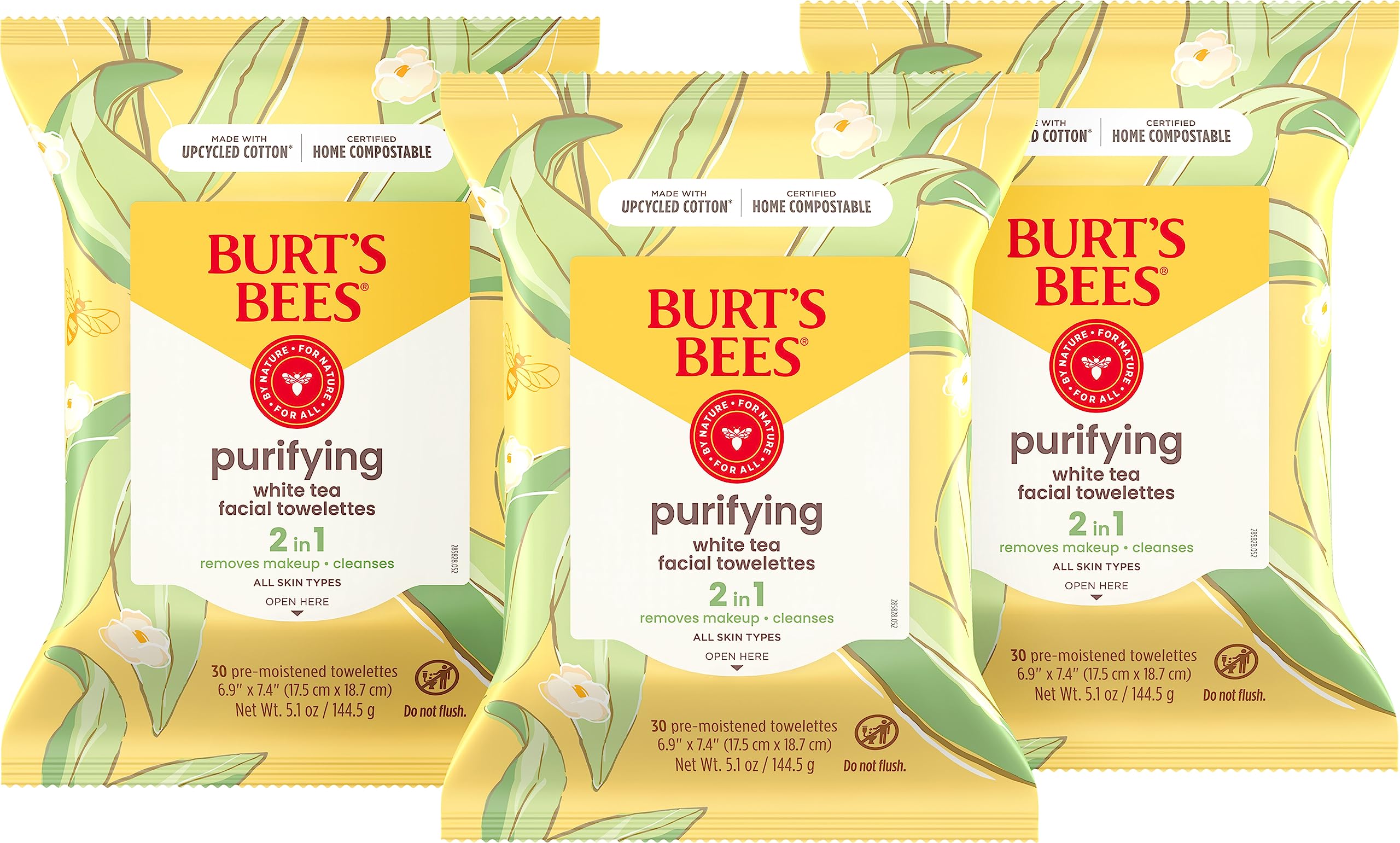Burt's Bees Face Wipes, Makeup Remover Facial Cleansing Towelettes for All Skin Types, Hydrating with White Tea Extract, 30 Count (Pack of 3)