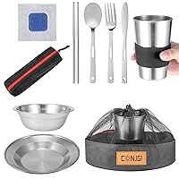 Outdoor Camping Mess Kit - 1 to 2 persons Camping Dishes Includes Cups, Bowls, Dishes, Knives, Forks, Spoons, Etc, Camping Dinnerware Set with Mesh Bag is Easy to Carry Camping Tableware Set