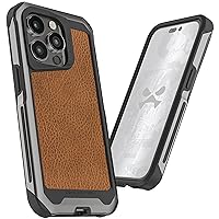 Ghostek ATOMIC slim Leather MagSafe iPhone 14 Case with Gunmetal Aluminum Metal Bumper Shockproof Heavy Duty Protection Phone Cover Designed for 2022 Apple iPhone14 (6.1 IN) (Brown Leather - Gunmetal)
