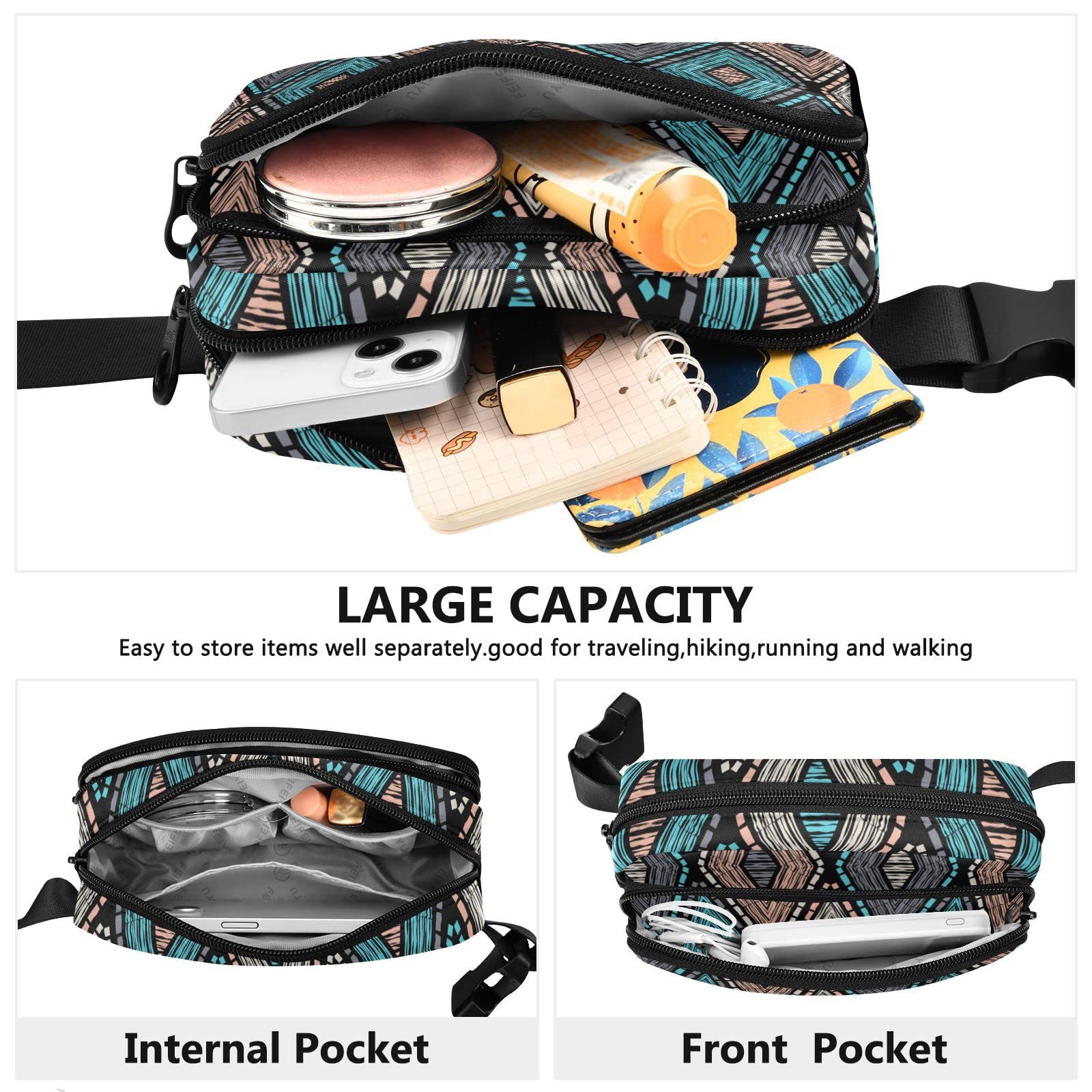 ALAZA Ethnic Boho Geometric Belt Bag Waist Pack Pouch Crossbody Bag with Adjustable Strap for Men Women College Hiking Running Workout Travel