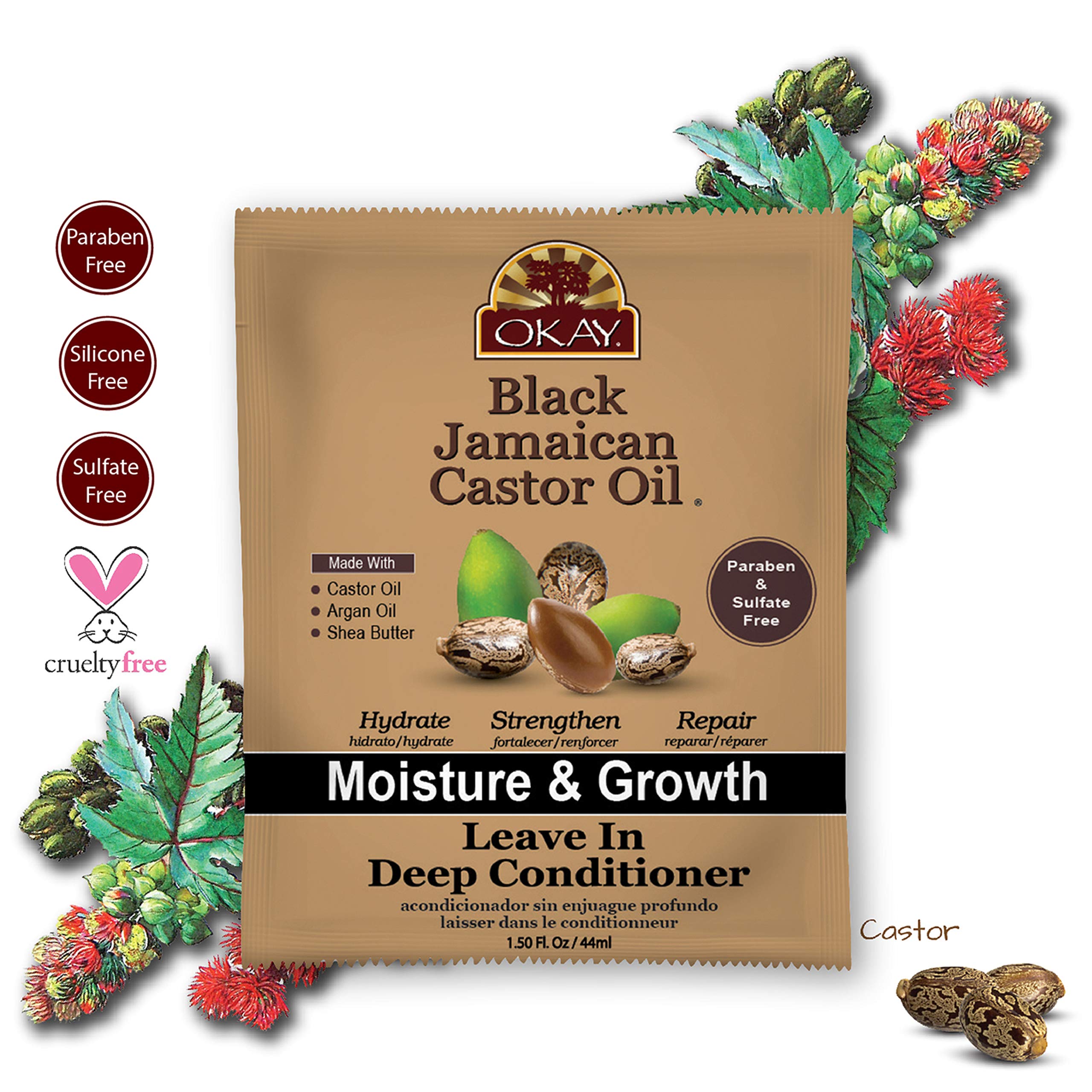 OKAY - Black Jamaican Castor Oil Leave-In Conditioner - All Hair Types/Textures - Repair, Moisturize, Grow Healthy Hair - with Argan Oil, Shea Butter - Free of Parabens, Silicones, Sulfates - 1.5 oz
