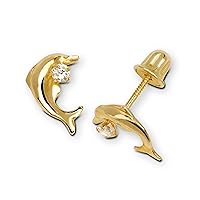 Solid 14k Yellow Blue, Red, Pink or Clear Cubic Zirconia Swimming Dolphin Screw-Back Earrings (6mm x 10mm)