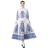 LAI MENG FIVE CATS Women's Elegant Pleated Round Neck Long Sleeves Print Maxi Casual Flowy Party Dress