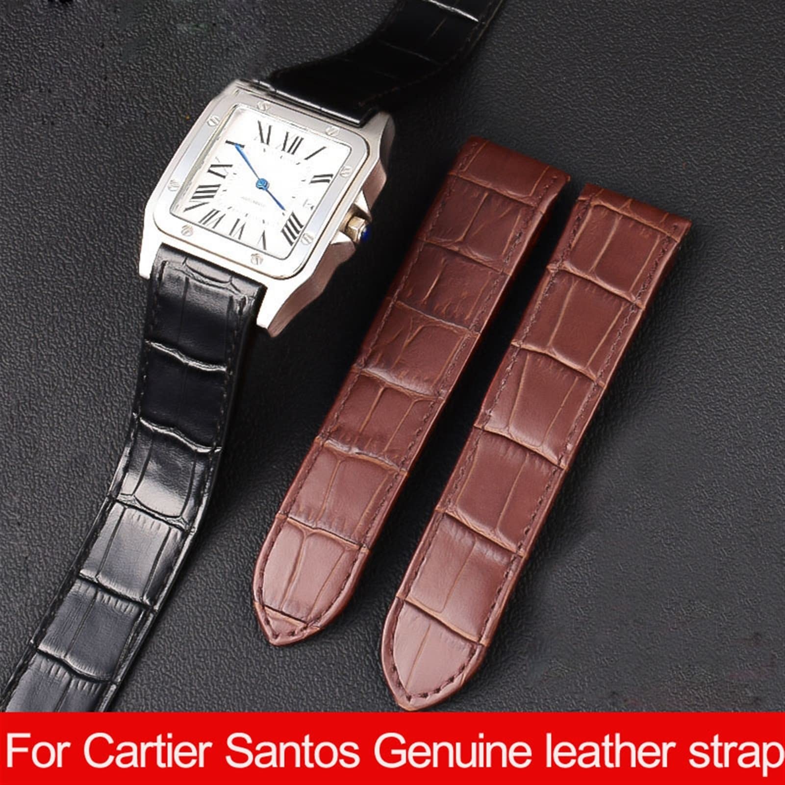 SKM Genuine Leather Watch Strap for Cartier Santos Santos 100 Men and Women Leather Watchband 20mm 23mm (Color : Brown-Silver, Size : 23mm)
