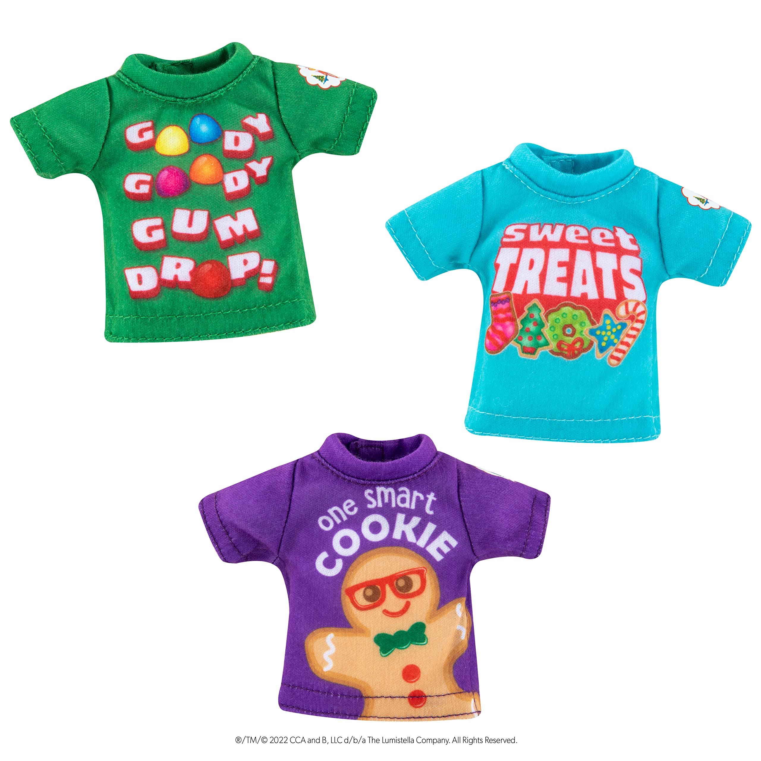 The Elf on the Shelf Claus Couture Sweet Treat Tees for Your Scout Elf - Includes Three tees with Collectible tin Suitcase for Accessories