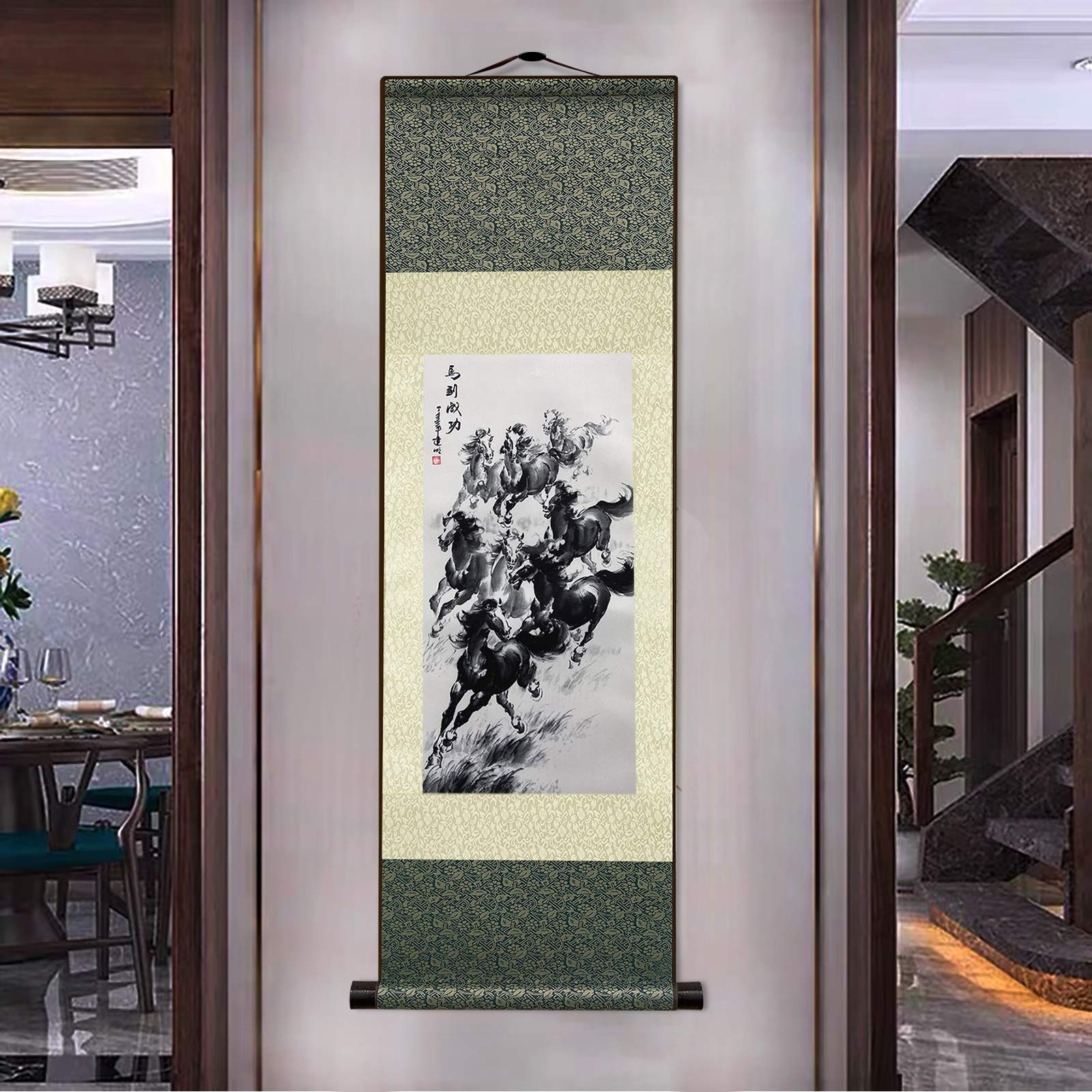 AtfArt Asian Wall Decor Beautiful Silk Scroll Painting Horse to Success - Win Instant Success Oriental Decor Chinese Art Wall Scroll Wall Hanging Painting Scroll (39 x 12 in)