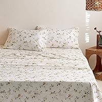 Wake In Cloud - Queen Size Bed Sheets, 4-Piece Fitted Flat Sheet Set, Deep Pocket, Floral Shabby Chic Coquette Orange Gray Grey Flower on Off White, Soft Microfiber Bedding