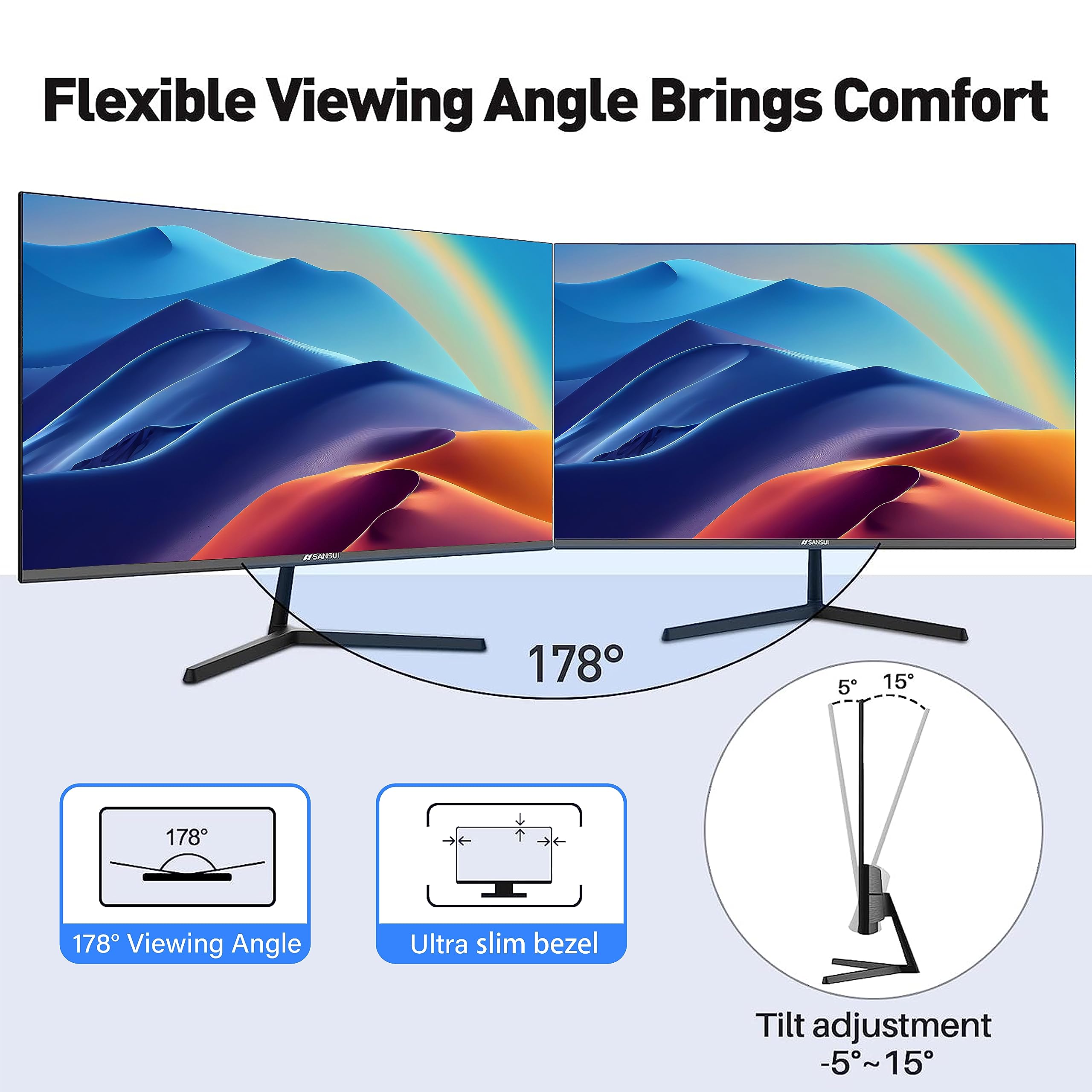 Simple Deluxe Monitor 22 Inch IPS 75Hz FHD 1080P HDMI VGA Ports Computer Monitor Ultra-Thin Tilt Adjustable VESA Mount Compatible with Eye Comfort 178° Wide Viewing Angle SANSUI (ES-22X3)