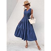 Fall Dresses for Women 2023 Shirred Tie Back Ruffle Hem Dress Dresses for Women (Color : Blue, Size : X-Large)