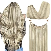 GOO GOO Wire Hair Extensions Real Human Hair, 20inch 110g Ash Blonde Highlighted Platinum, Invisible Wire Hair Extensions with Transparent, Seamless Fish Line Hairpiece, Straight Remy Hair Extensions