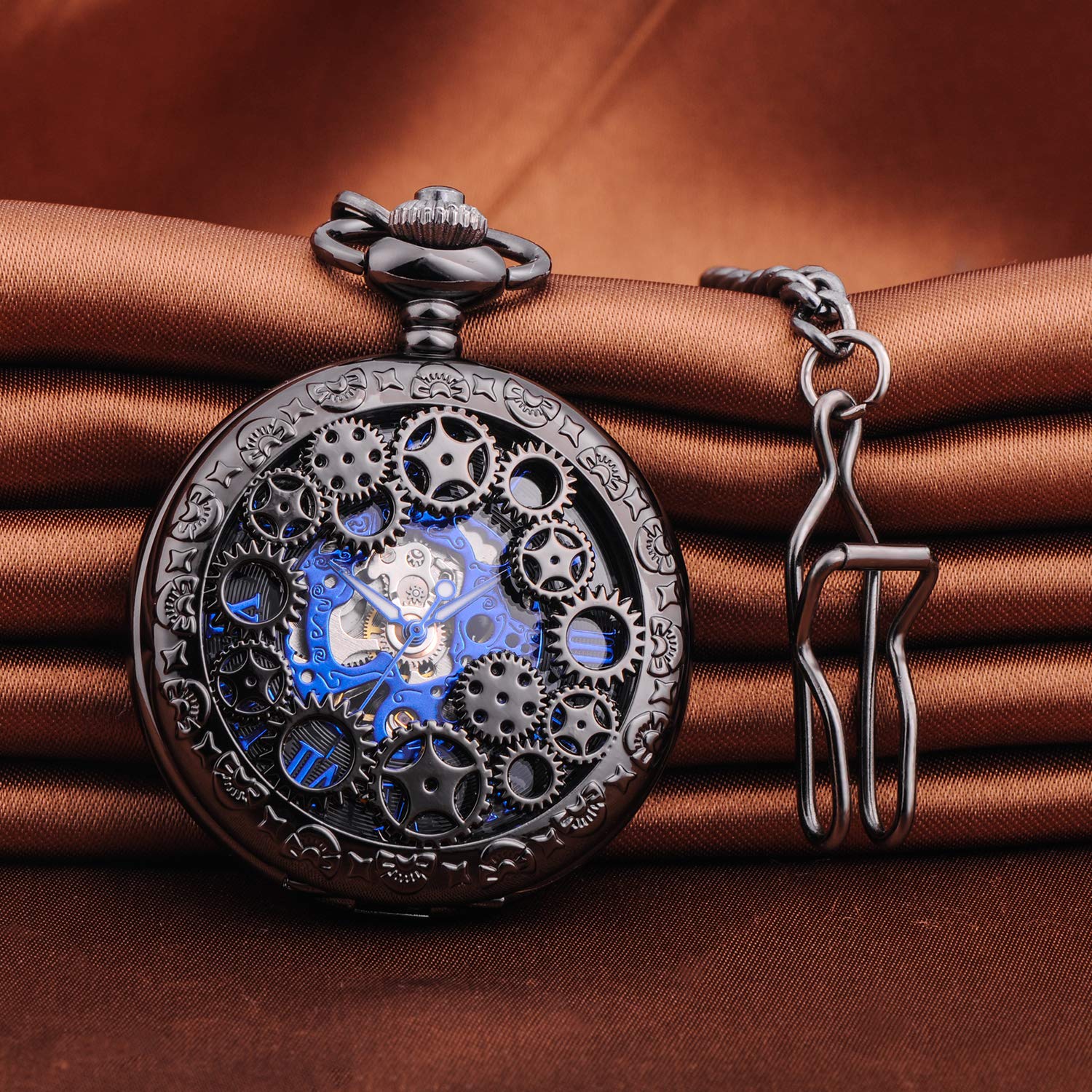 Unendlich U Men's Mechanical Pocket Watch, Vintage Pocket Watch, Steampunk Gears Series Skeleton Roman Numerals Dial Black Stainless Steel Case for Men Women