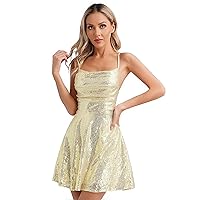 FEESHOW Sequin Dress for Women Spaghetti Strap Mini Party Dress Bodycon Dress Short Dress Clubwear