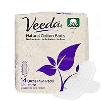 Veeda Ultra-Thin Absorbent Day Pads with 100% Natural Cotton Top Sheet are Always Chlorine and Fragrance Free, Hypoallergenic, Sanitary Napkins, 14 Count