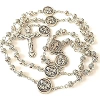 elegantmedical handmade st. joseph medal + silver rose beads mens womans rosary & crucifix cross catholic necklace gift box