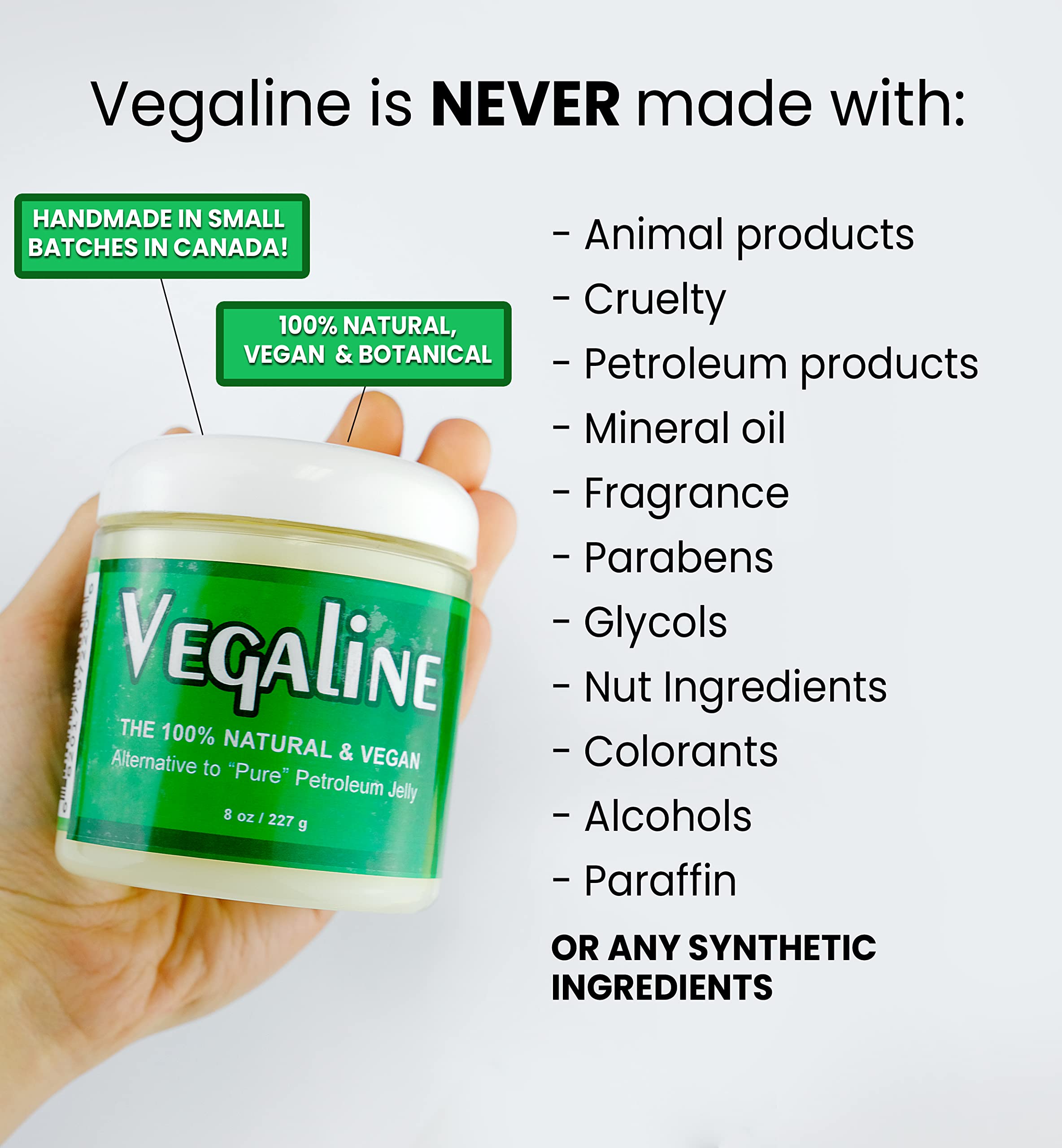 Vegaline - 100% Natural & Vegan Alternative to Petroleum Jelly - Hypoallergenic, Unscented, All-Purpose Moisturizer, Makeup Remover, Baby Balm, Hand & Foot Balm, Cruelty Free Salve, Un-Petroleum by Beeseline 8 oz