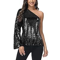 Anna-Kaci Women's Long Sleeve One Shoulder Sequin Party Top Blouse Sparkly Shirts