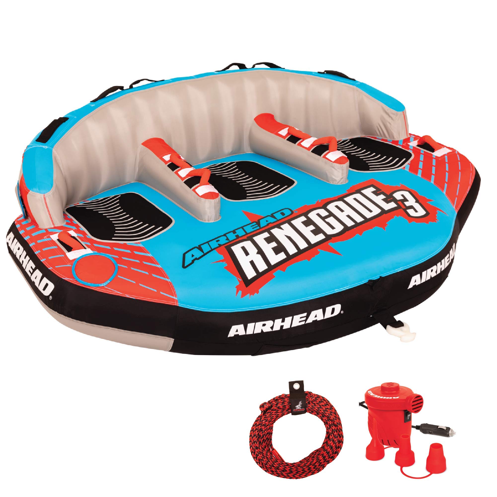 Airhead AHRE-503 Renegade Big 3 Person Inflatable Towable Water Tube Seat Rider Boating Tubing Kit with Boat Pull Rope and Pump for Kids and Adults