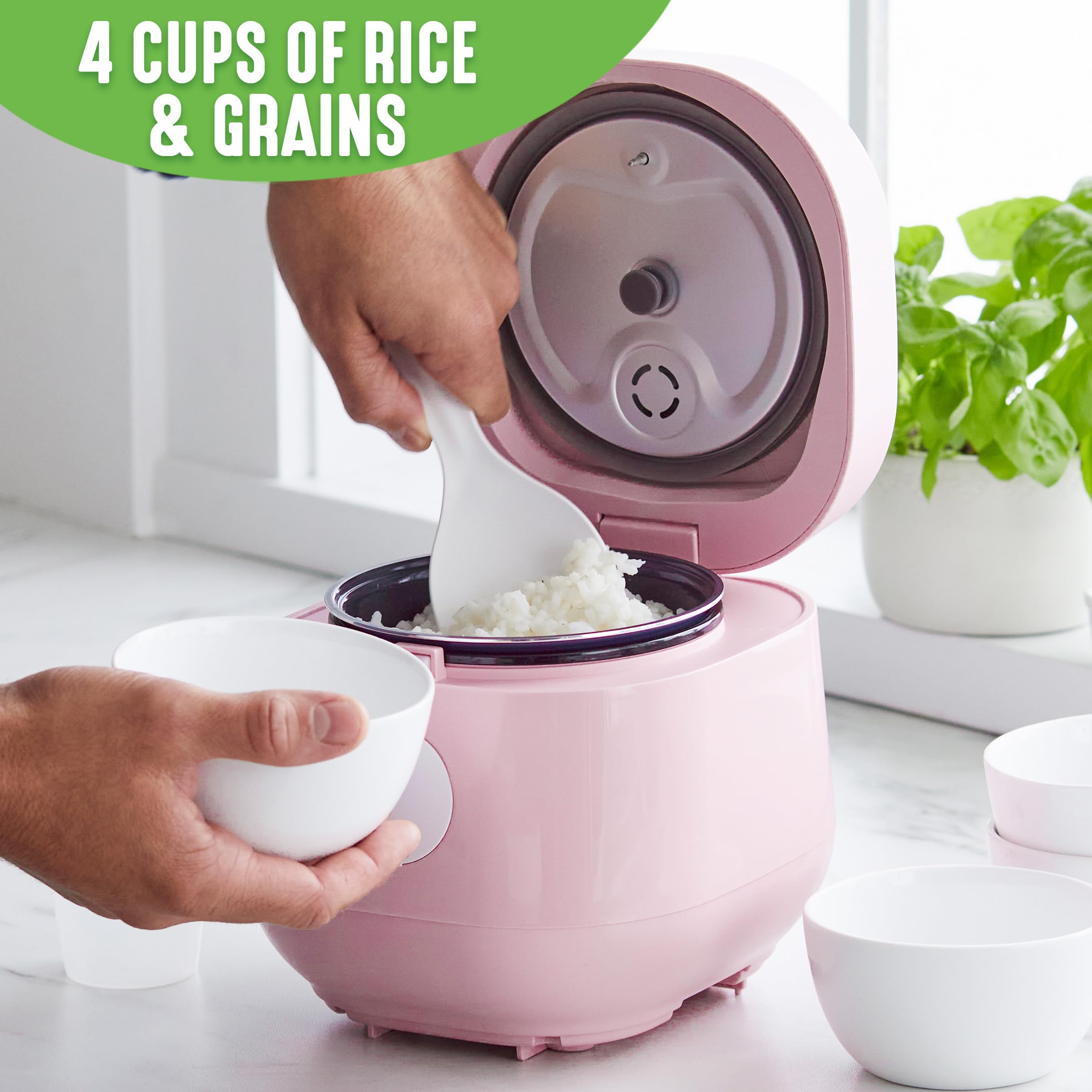 GreenLife Healthy Ceramic Nonstick 4-Cup Rice Beans Oats and Grains Cooker, PFAS-Free, Dishwasher Safe Parts, Pink
