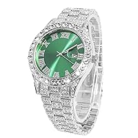 Halukakah Men's Diamond Gold Watch ● President ● 18K Real Gold Plated/Platinum White Gold-Plated 42 mm Wide Green/Blue/Red Bracelet with Lab Diamonds 24 cm, Cuban Link Chain 20 + 45 cm, Includes Gift