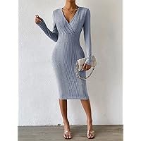 TLULY Dress for Women Surplice Neck Ribbed Knit Bodycon Dress (Color : Dusty Blue, Size : Small)