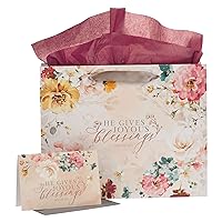 Christian Art Gifts Large Landscape Scripture Gift Bag, Greeting Card & Wrapping Tissue Paper Set for Women: He Gives Joyous Blessings Inspirational Bible Verse, Cute Multicolor Floral, Pastel Pink