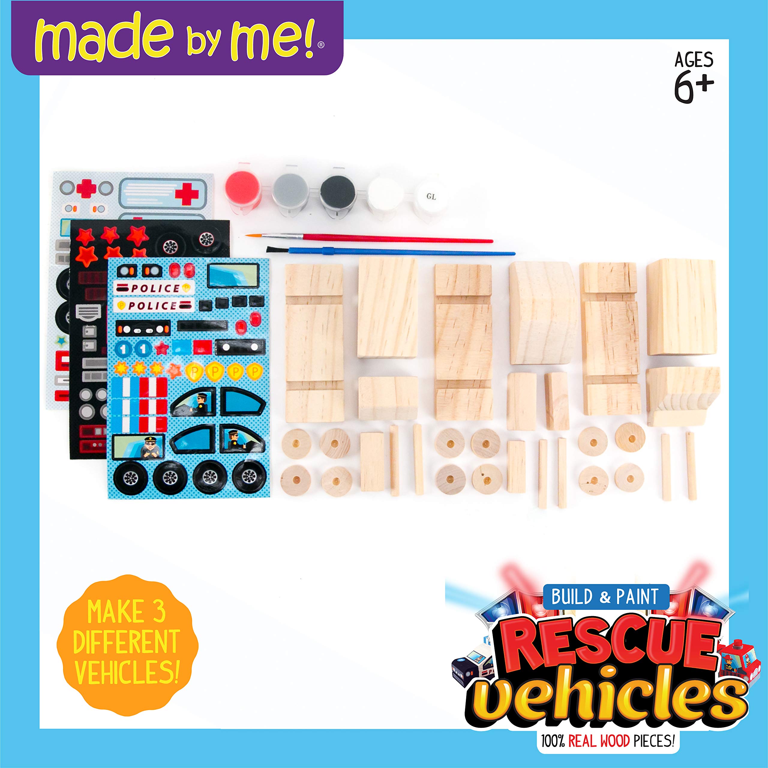 Made By Me Build & Paint Rescue Vehicles, Paint Your Own Firetruck, Police Car & Ambulance, DIY Wooden Vehicles, Great Weekend Activity, Car Birthday Party Idea For Kids Ages 6, 7, 8, 9