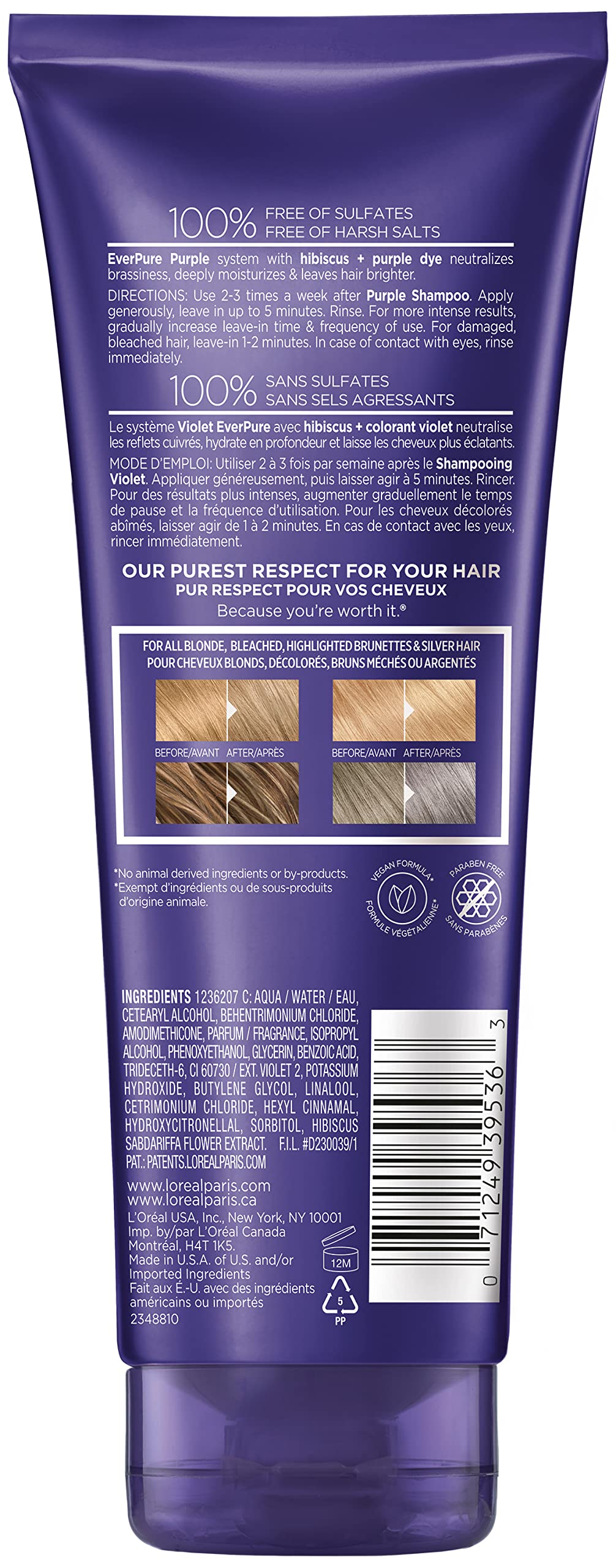 L'Oreal Paris Hair Care EverPure Sulfate Free Brass Toning Purple Conditioner for Blonde, Bleached, Silver, or Brown Highlighted Hair, 6.8 Fl. Oz.
