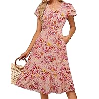 JASAMBAC Women Summer Dresses 2024 Casual Flowy Beach V Neck Ruffle Sleeve Smocked Back Waist Floral Midi Dress with Pockets