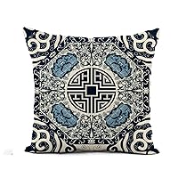 Flax Throw Pillow Cover Blue Pattern Chinese Peony China Pottery Lotus Porcelain Abstract 20x20 Inches Pillowcase Home Decor Square Cotton Linen Pillow Case Cushion Cover