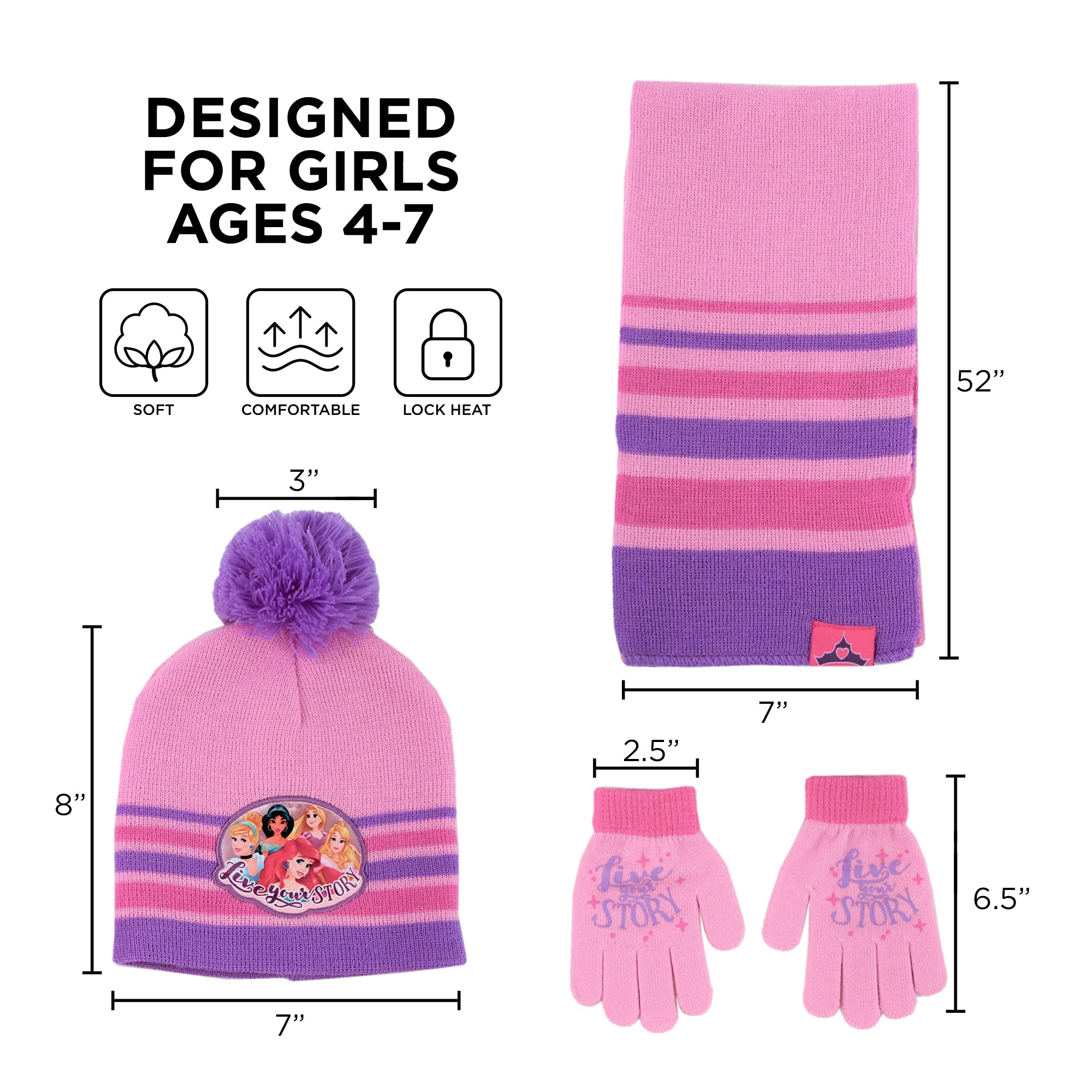 Disney Girls Princess Winter Hat, Scarf, & Kids Gloves Set For 2-4 or Princess Toddler Beanie, Scarf, & Mittens Set For 4-15