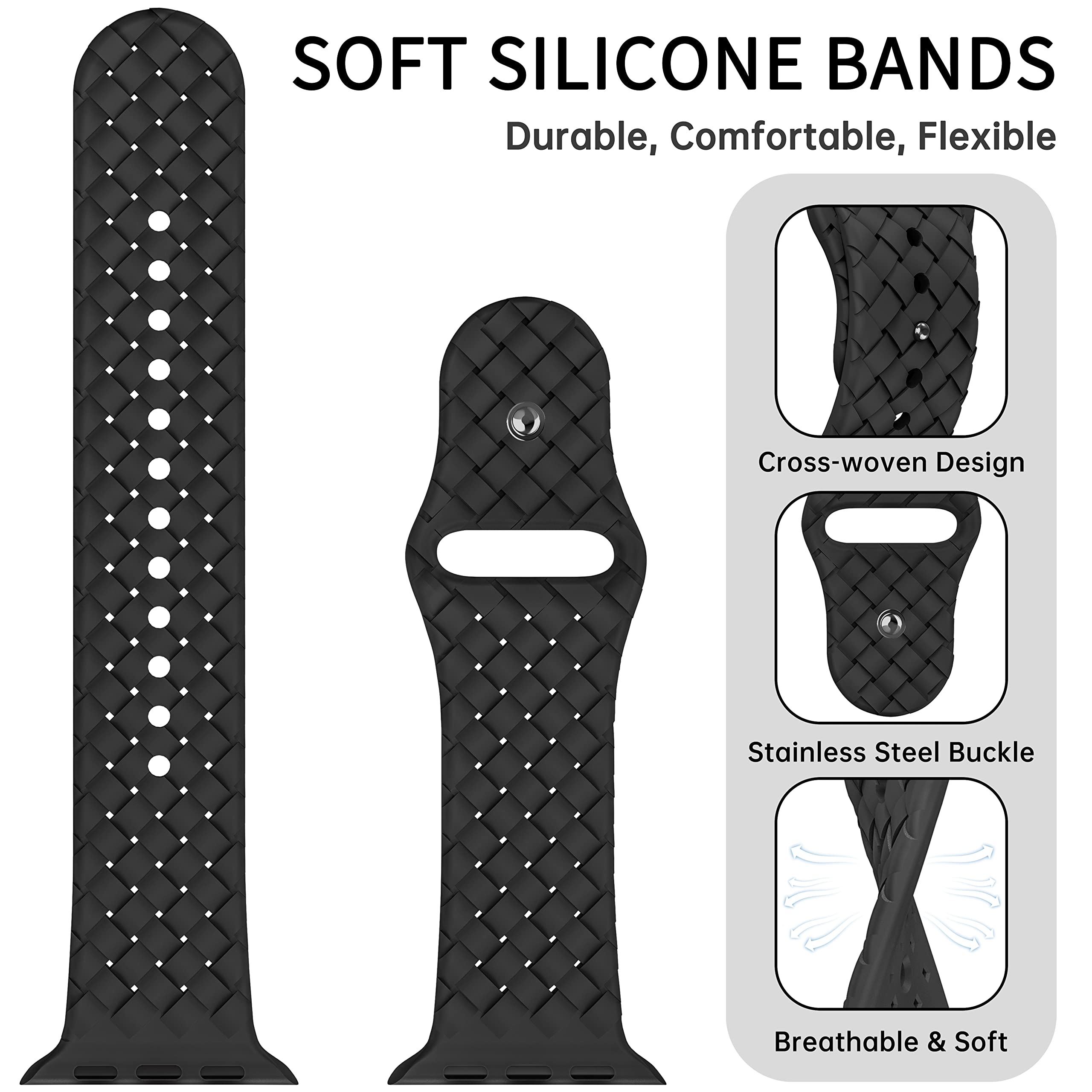 TransJoy 6 Pack Weave Silicone Band Compatible with Apple Watch Band 38mm 40mm 41mm 42mm 44mm 45mm 49mm Women Men, Soft Breathable Strap for iWatch