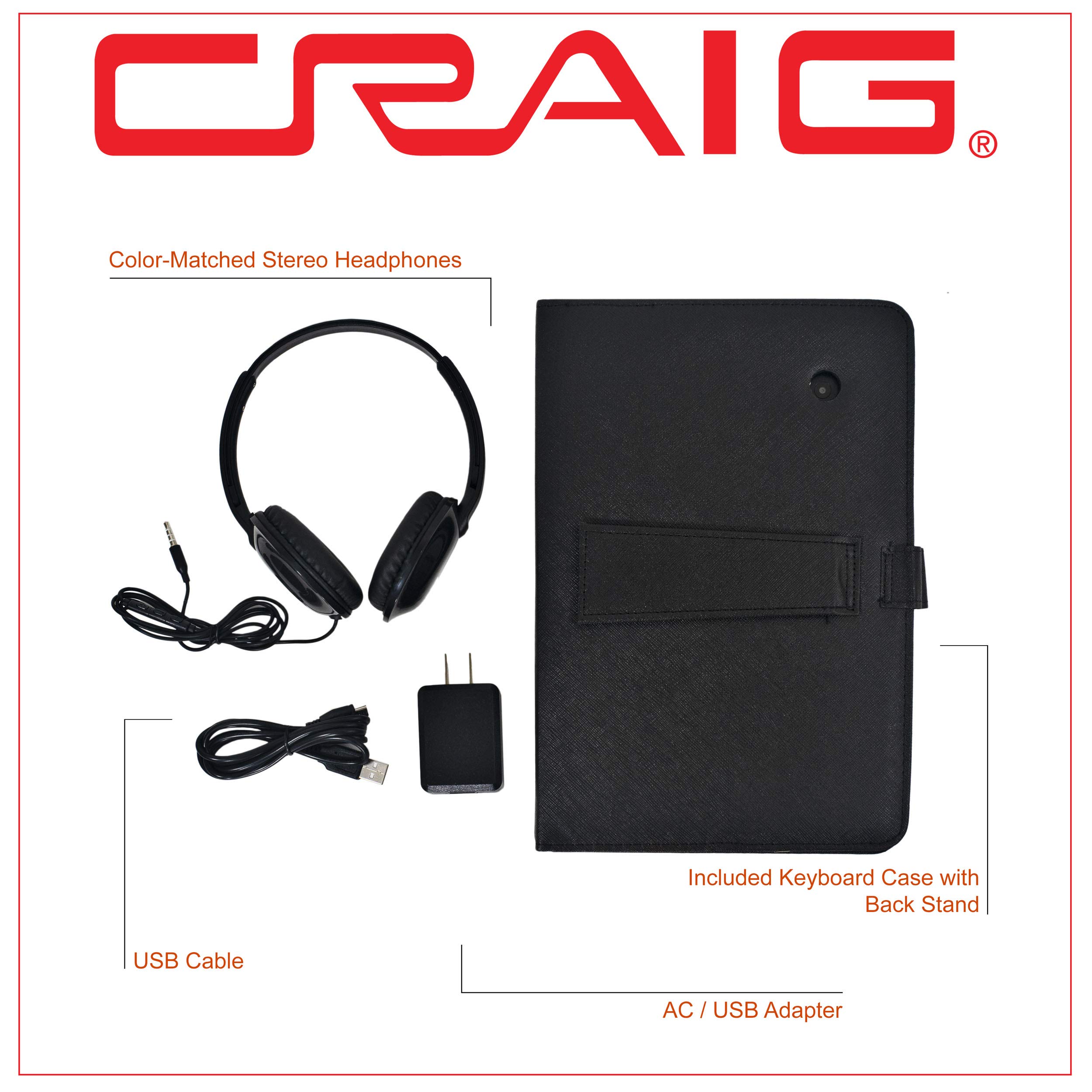Craig CMP840 BUN-BK-HD Quad Core 10.1 in. Tablet with Keyboard Case and Headphones in Black