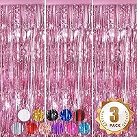 Pink 3 Pack Metallic Tinsel Foil Fringe Curtains, 3.3x8.3 Feet Pink Backdrop for Party, Door Streamers Party Decorations, Party Streamers for Birthday Christmas Party Decorations