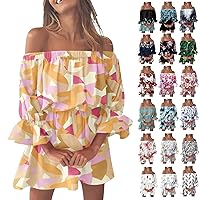 Womens Floral Ruffle Mini Dress Summer Off Shoulder Lantern Sleeve Flowy Boho Dresses A-Line Casual Romper Sundresses