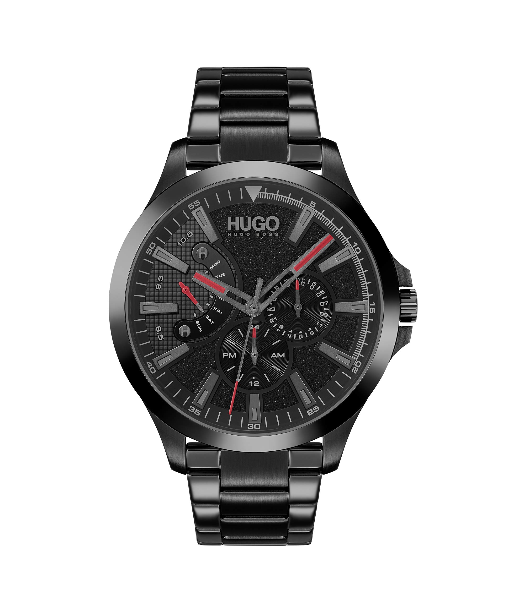 HUGO #LEAP Men's Multifunction Stainless Steel and Link Bracelet Casual Watch, Color: Black (Model: 1530175)