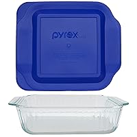 Pyrex (1) 222-SC Sculpted Clear Glass Baking Dish & (1) 222-PC 2qt Blue Lid Made in the USA
