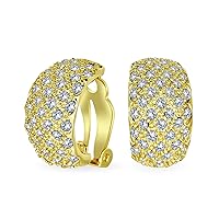 Fashion Bridal Pave Encrusted Crystal Wide Half Dome Clip On Earrings For Women Wedding Party Non Pierced Ears 14K Yellow Gold Silver Plated