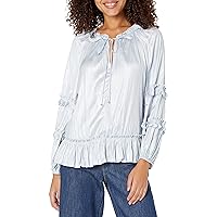 BCBGMAXAZRIA Women's Relaxed Ruffle Blouse Long Bishop Sleeve Notched V Neck Top