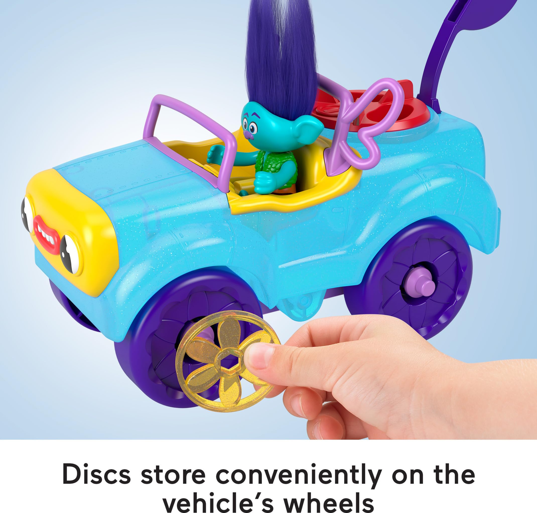 Fisher-Price Imaginext DreamWorks Trolls Toy Car and Branch Figure Playset, Branch’s Buggy with Projectile Launcher and Discs, Age 3-8 Years